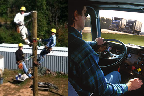 Linemen climbing a pole and a truck driver in his truck