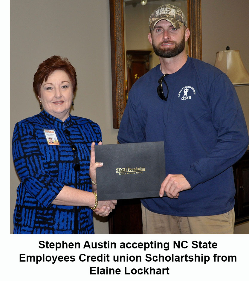 Stephen Austin accepting NC SECU Scholarship from Elaine Lockhart